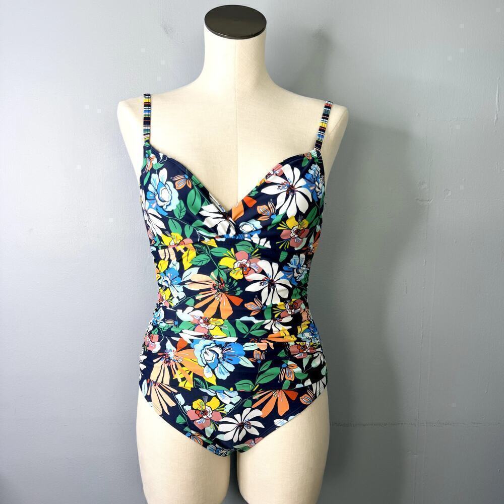 Ellen Tracy Fast & Fresh Surplice Navy Blue Multi Floral One Piece Swimsuit Sz 6
